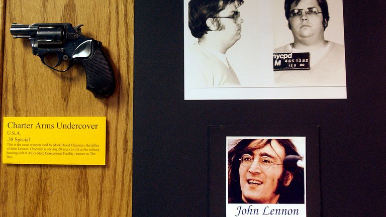 The .38 caliber pistol that Mark David Chapman used to kill John Lennon was stored by the NYPD on the 25th anniversary of Lennon's death on December 8, 2005 . Chapman is currently being held at the Attica State Prison in New York, serving a sentence ranging from 20 years to life after pleading guilty to second-degree murder.Reuters/Chip East