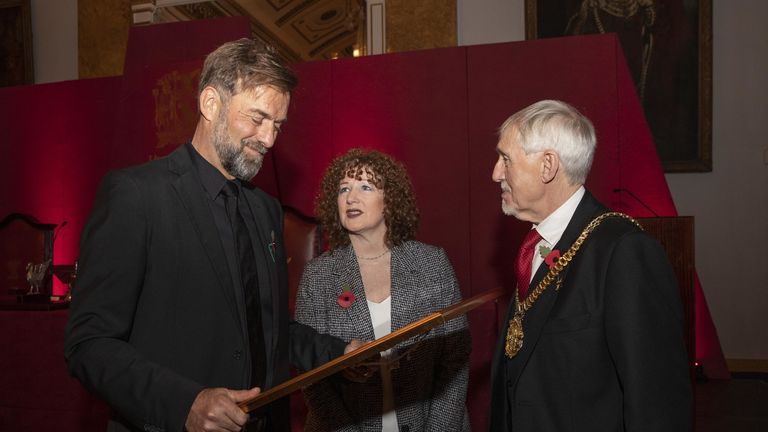 Liverpool FC manager Jurgen Klopp receives the Freedom of the City of Liverpool from Lord Mayor of Liverpool Roy Gladden