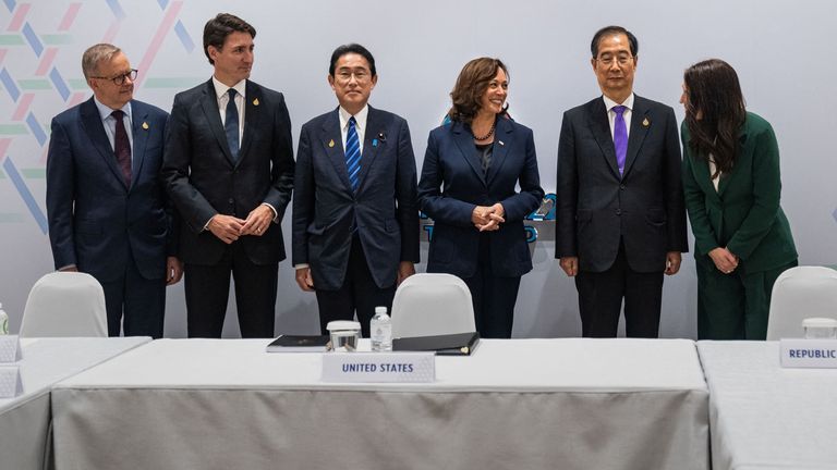 US Vice President Kamala Harris holds a meeting with Japanese Prime Minister Fumio Kishida, third left, Prime Minister Han Duck-soo of the Republic of Korea, second right, Australian Prime Minister Anthony Albanese, Prime Minister left Jacinda Ardern of New Zealand, right, and Prime Minister Justin Trudeau of Canada, second left, reviewing North Korea's recent ballistic missile launch at the Asia-Pacific Economic Cooperation (APEC) summit in Bangkok