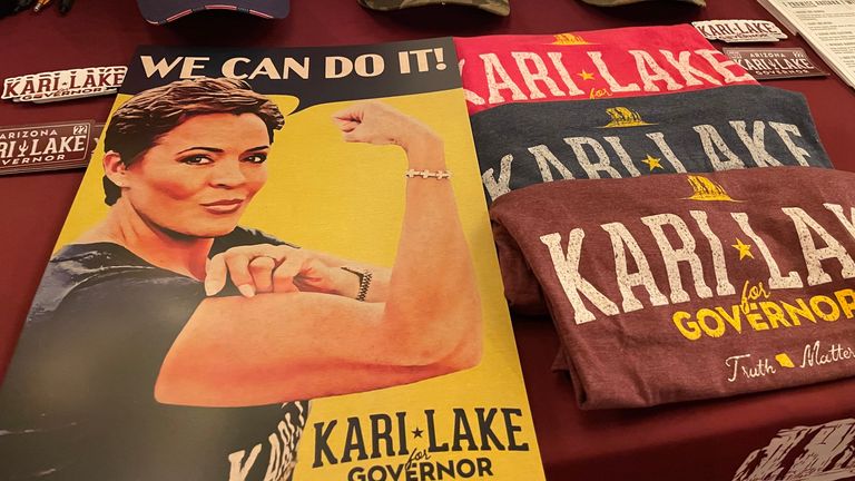 Merchandise for Kari Lake, gubernatorial candidate in Arizona. For James Matthews piece