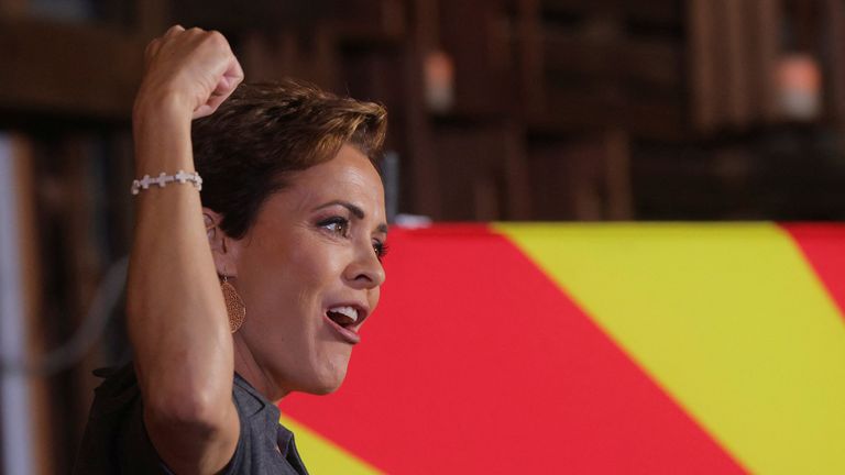 Republican candidate for Arizona Governor Kari Lake speaks during a campaign stop on the Arizona First GOTV Bus Tour in Queen Creek, Arizona, U.S., November 6, 2022. REUTERS/Brian Snyder