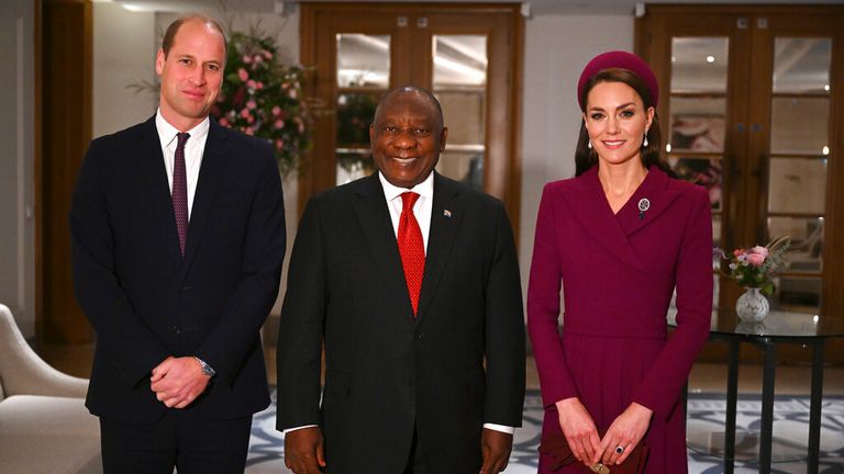Britain&#39;s Prince William and Kate, the Princess of Wales pose with South Africa&#39;s President Cyril Ramaphosa after greeting him at the Corinthia Hotel in London, Tuesday Nov. 22, 2022, at the start of the president&#39;s two day state visit. (Justin Tallis/Pool via AP)