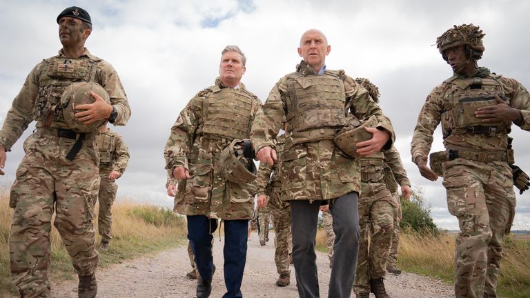 Labour leader Sir Keir Starmer and shadow defence secretary, John Healey (centre right) meets British soldiers at Salisbury Plain in Wiltshire where he saw Ukranian soldiers being trained by the army as part of Operation Interflux. 