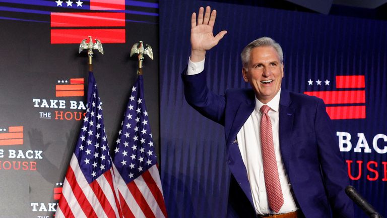 U.S. House Republican Leader Kevin McCarthy (R-CA) arrives to address supporters after midnight at a House Republicans&#39; party held late on the night of the 2022 U.S. midterm elections in Washington, U.S., November 9, 2022. REUTERS/Tom Brenner