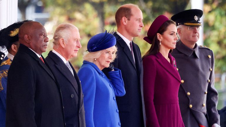  King Charles, Queen Camilla, Prince William, Prince of Wales, Catherine, Princess of Wales and South African President Cyril Ramaphosa attend a ceremonial welcome, during the President&#39;s state visit, at Horse Guards Parade 