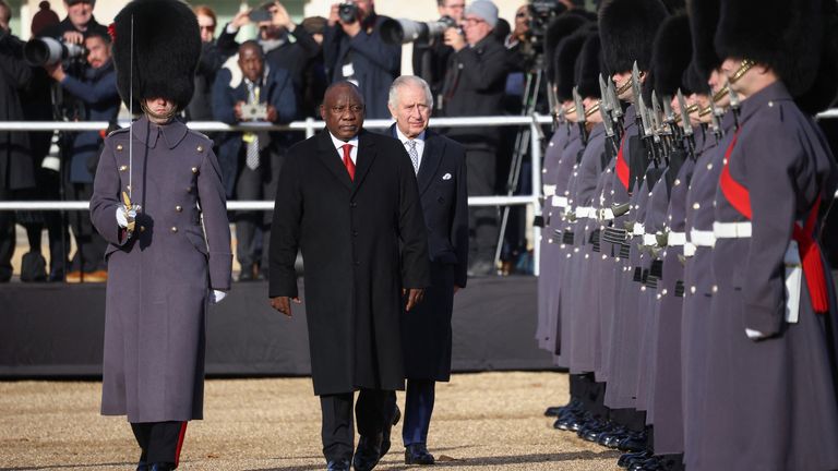 King Charles and South African President Cyril Ramaphosa attend a ceremonial welcome, during the President&#39;s state visit, at Horse Guards Parade