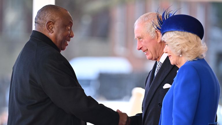 King Charles III and the Queen Consort greet President Cyril Ramaphosa of South Africa during the ceremonial welcome for his State Visit to the UK, at Horse Guards Parade in London. Picture date: Tuesday November 22, 2022.