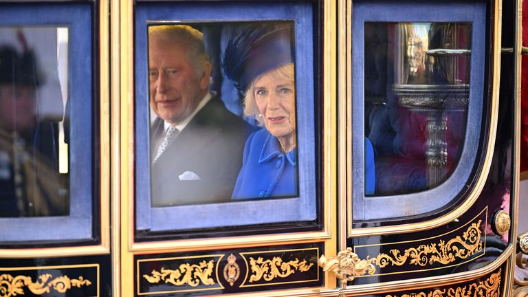 The Queen Consort and King Charles III travel in State Carriage to Buckingham Palace following the ceremonial welcome for the State Visit to the UK by the South African President Cyril Ramaphosa, at Horse Guards Parade in London. Picture date: Tuesday November 22, 2022.