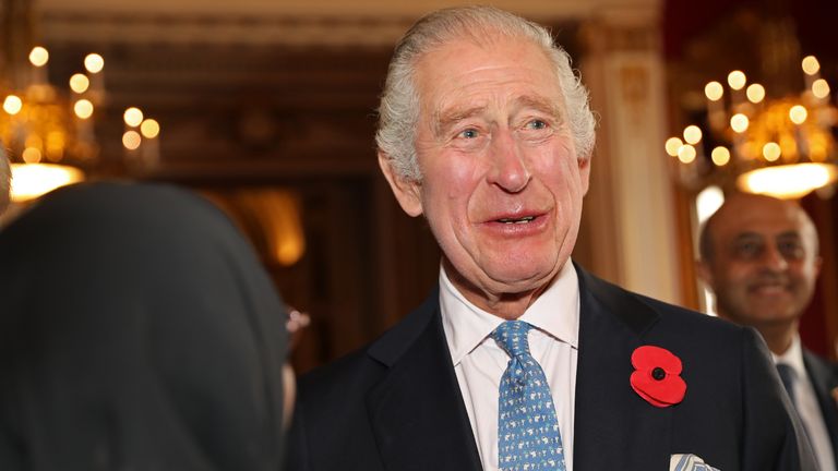 King Charles III speaks with guests during a reception and ceremony commemorating the 50th anniversary of the Resettlement of British Asians from Uganda in the UK, at Buckingham Palace in London. Picture date: Wednesday November 2, 2022.
