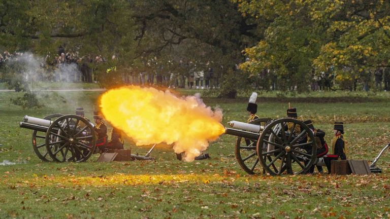 The King&#39;s Troop Royal Horse Artillery fire a 41 Gun Royal Salute in Green Park, London