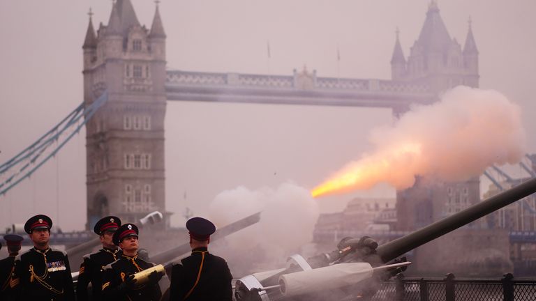 The Honourable Artillery Company fire a 62 Gun Royal Salute at Tower Wharf, London