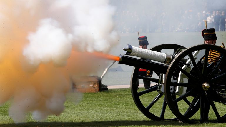 Members of The King’s Troop Royal Artillery fires a round during the 41 Gun Royal Salute marking the 96th birthday of Britain’s Queen Elizabeth, in Hyde Park, London, Britain, April 21, 2022. REUTERS/Peter Nicholls