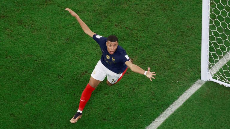 Kylian Mbappe celebrates scoring France&#39;s second goal against Denmark 