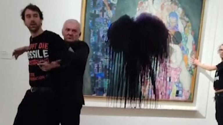 Last generation Austrian activists throw liquid at Klimt painting in Vienna
