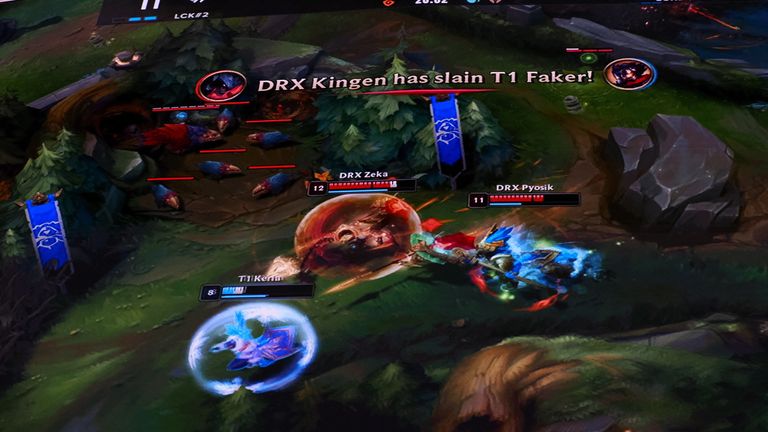 Nov 5, 2022; San Francisco, California, USA; The video board displays that DRX top laner Hwang "Kingen" Seong-hoon has slain T1 mid laner Lee "Faker" Sang-hyeok during the League of Legends World Championships against T1 at Chase Center. Mandatory Credit: Kelley L Cox-USA TODAY Sports