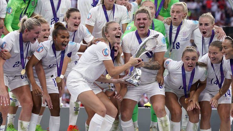 File photo dated 31-07-2022 of England&#39;s Leah Williamson and Millie Bright celebrate with the trophy. England will play Italy, South Korea and Belgium when they host a second Arnold Clark Cup in February. The European champions are set to face South Korea first at Stadium MK on February 16, then the Italians at a yet-to-be-confirmed venue three days later and Belgium at Ashton Gate another three days after that. Issue date: Tuesday November 8, 2022.