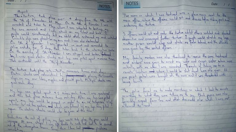 Handwritten letter by Jagtar to his advocate in 2018, describing the torture he was subjected to. Pic: FreeJaggiNow campaign