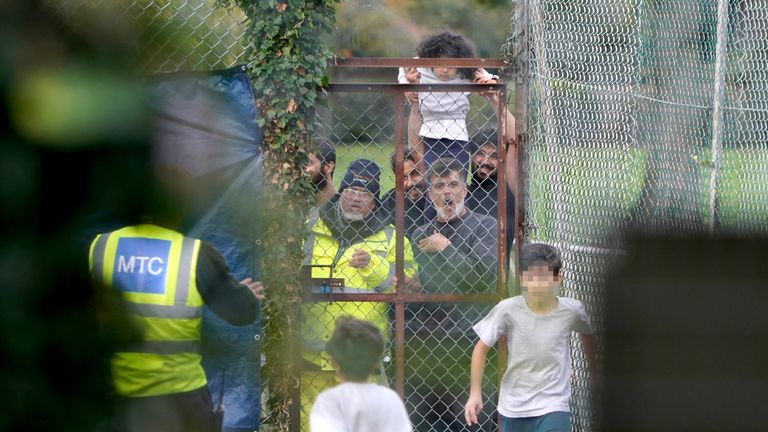 EDITORS NOTE Children&#39;s faces have been pixelated as the PA Picture Desk has been unable to gain the necessary permission to photograph a child under 16 on issues involving their welfare. A view of people thought to be migrants inside the Manston immigration short-term holding facility located at the former Defence Fire Training and Development Centre in Thanet, Kent. Picture date: Wednesday November 2, 2022.