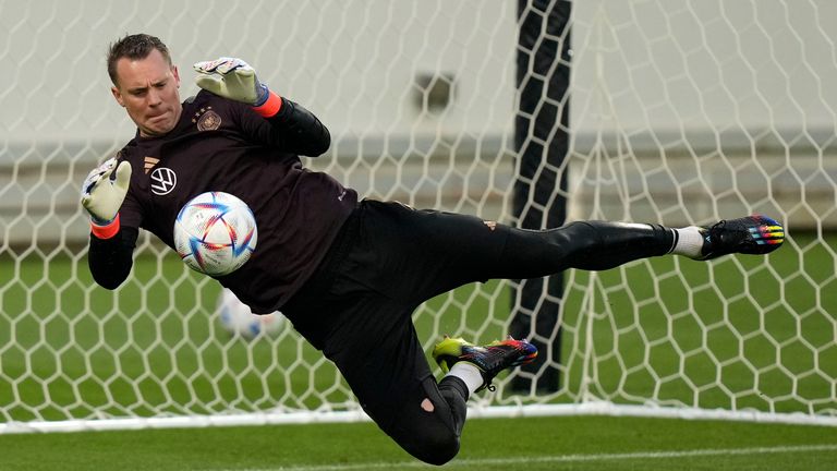 Germany&#39;s goalkeeper Manuel Neuer catches a ball during a training session. Pic: AP