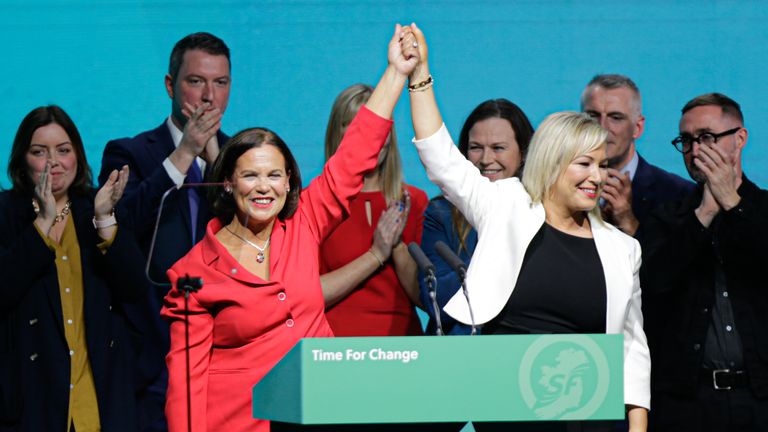 Sinn Fein leader Mary Lou McDonald with Sinn Fein vice president Michelle O&#39;Neill after her keynote speech at the Sinn Fein Ard Fheis at the RDS in Dublin. Picture date: Saturday November 5, 2022.
