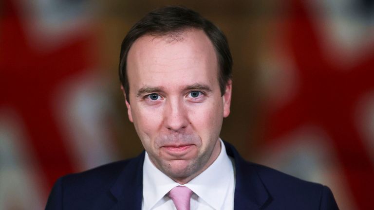 Britain&#39;s Health Secretary Matt Hancock looks on, during a coronavirus media briefing in Downing Street, London, Wednesday March 17, 2021. (Hannah McKay/Pool Photo via AP)


