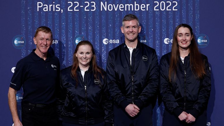 Members of ESA’s new class of astronauts Meganne Christian, John McFall and Rosemary Coogan pose with astronaut Major Tim Peake during the ESA Council at Ministerial level (CM22) at the Grand Palais Ephemere in Paris