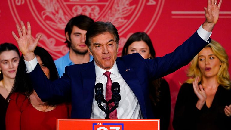 Mehmet Oz, the Republican candidate for U.S. Senate in Pennsylvania, speaks at an election night rally in Newtown, Pa., Tuesday, Nov. 8, 2022. (AP Photo/Matt Rourke)