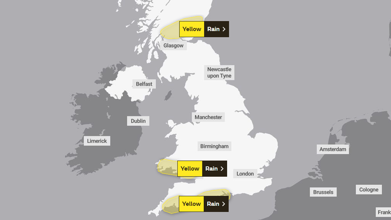 A Met Office map of yellow weather warnings for the next 24 hours