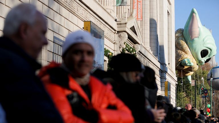 Grogu balloon is seen as people wait ahead of the 96th Macy&#39;s Thanksgiving Day Parade in Manhattan, New York City, U.S., November 24, 2022. REUTERS/Andrew Kelly