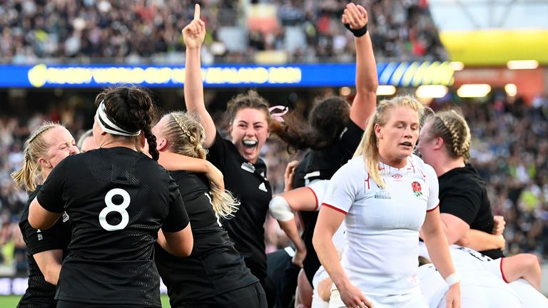 New Zealand players celebrate a try against England during the final of the women&#39;s rugby World Cup at Eden Park in Auckland (Pic: AP)