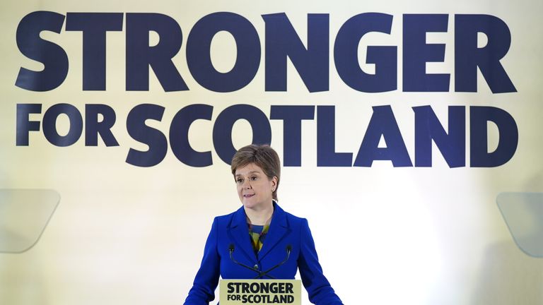 SNP leader and First Minister of Scotland Nicola Sturgeon issue a statement at the Apex Grassmarket Hotel in Edinburgh
