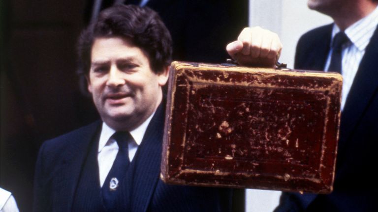 Nigel Lawson posing with the Budget Box ahead of the 1984 spring budget