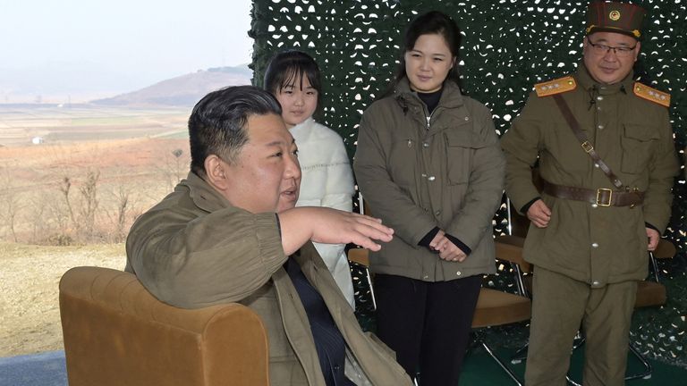 From left: Kim Jong Un, his daughter and his wife Ri Sol Ju. Pic: KCNA/Reuters