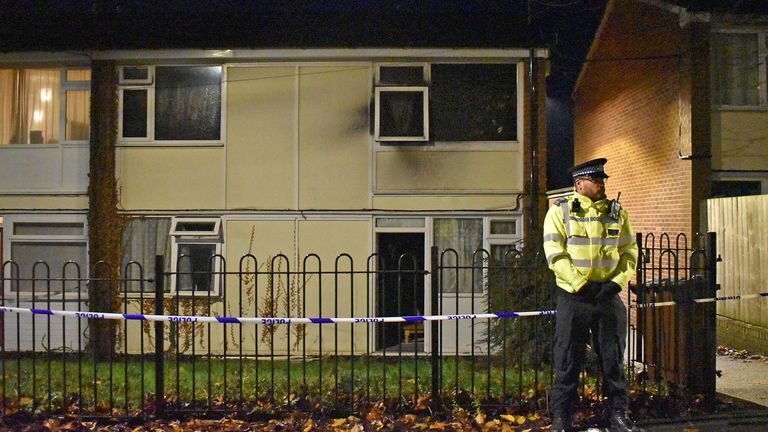 Police at the scene in Nottingham after two children died and a woman was left critically injured in a fire at a flat. Picture date: Sunday November 20, 2022.