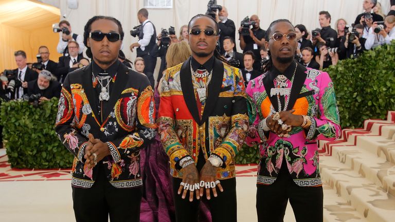 (L-R) Offset, Quavo, and Takeoff at the Metropolitan Museum of Art Costume Institute Gala in 2018