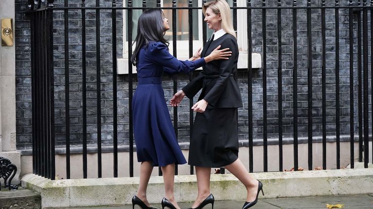 First Lady of Ukraine Olena Zelenska (right) is greeted by Rishi Sunak&#39;s wife Akshata Murty outside 10 Downing Street 