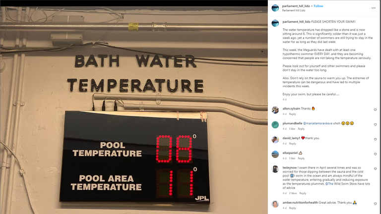 Parliament Hill Lido tweeted this post warning users about a drop in temperature at its unheated outdoor pool