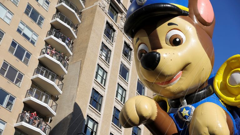 The PAW Patrol hot air balloon flies during the 96th Macy's Thanksgiving Day Parade in Manhattan, New York City, U.S. November 24, 2022. REUTERS/Andrew Kelly