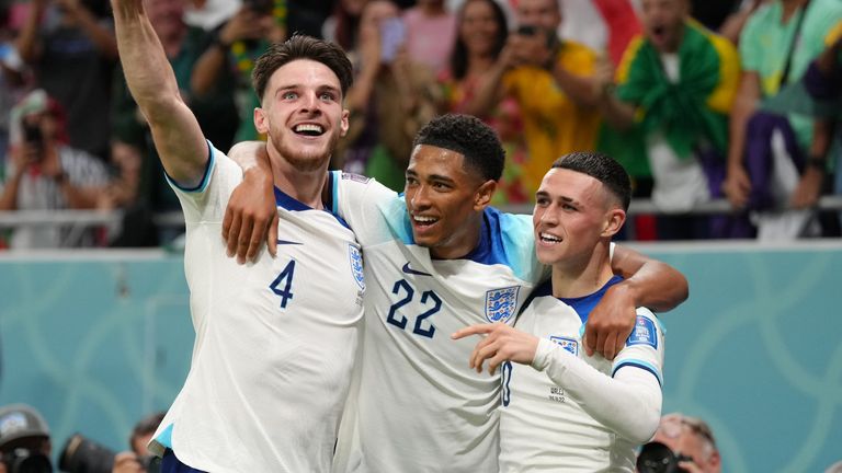 England&#39;s Phil Foden (right) celebrates scoring the second goal with Jude Bellingham and Declan Rice during the FIFA World Cup Group B match at the Ahmad Bin Ali Stadium, Al Rayyan, Qatar. Picture date: Tuesday November 29, 2022.