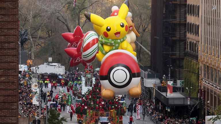 Pikachu and Eeevee balloon flies during the 96th Macy&#39;s Thanksgiving Day Parade in Manhattan, New York City, U.S., November 24, 2022. REUTERS/Brendan McDermid