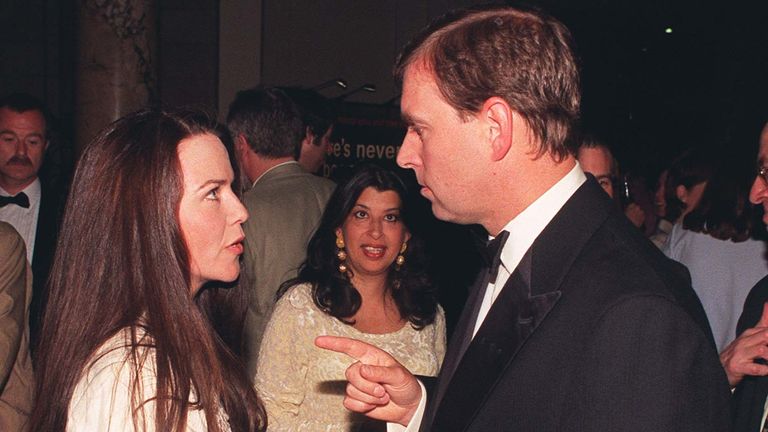Prince Andrew speaking to Koo Stark in 1998. Pic: AP