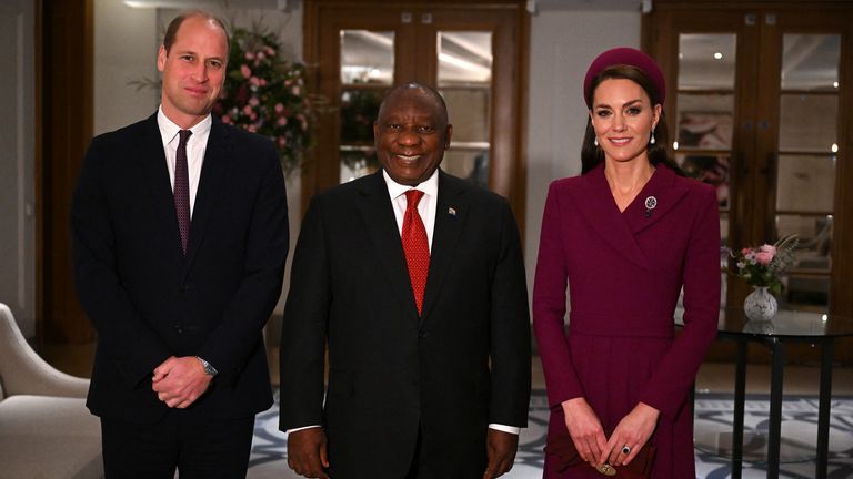   Prince William, Prince of Wales, and Catherine, Princess of Wales, pose with South Africa's President Cyril Ramaphosa at the Corinthia Hotel in London