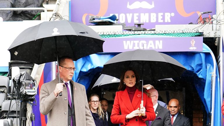 The Princess of Wales arriving to meet the players ahead of the England vs Papua New Guinea Rugby League World Cup quarter-final match at the DW Stadium, Wigan, her first match she has attended since succeeding the Duke of Sussex as patron of the Rugby Football League (RFL). Picture date: Saturday November 5, 2022.

