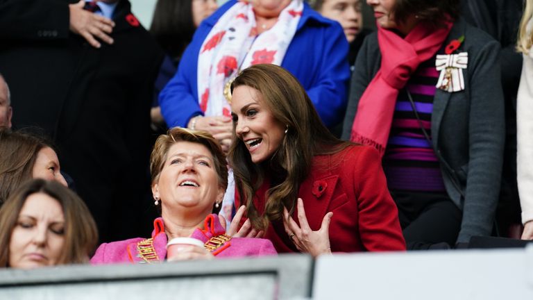 The Princess of Wales talking to TV presenter Clare Balding ahead of the England vs Papua New Guinea Rugby League World Cup quarter-final match at the DW Stadium, Wigan, her first match she has attended since succeeding the Duke of Sussex as patron of the Rugby Football League (RFL). Picture date: Saturday November 5, 2022.

