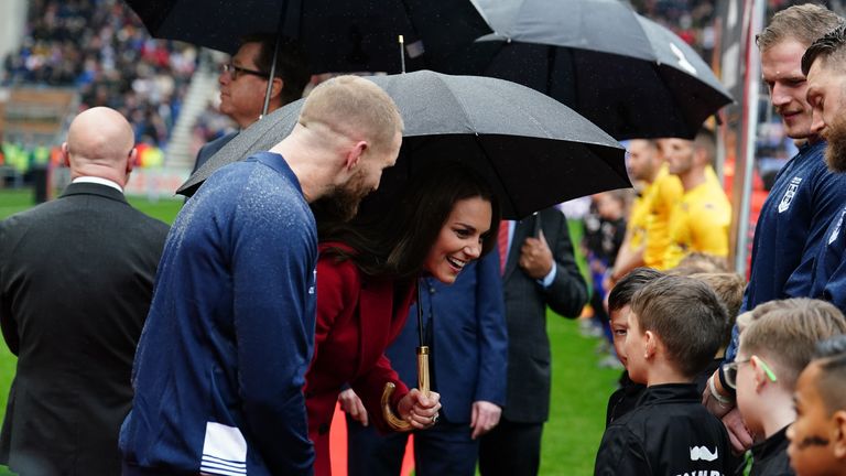 The Princess of Wales meeting the mascots ahead of the England vs Papua New Guinea Rugby League World Cup quarter-final match at the DW Stadium, Wigan, her first match she has attended since succeeding the Duke of Sussex as patron of the Rugby Football League (RFL). Picture date: Saturday November 5, 2022.

