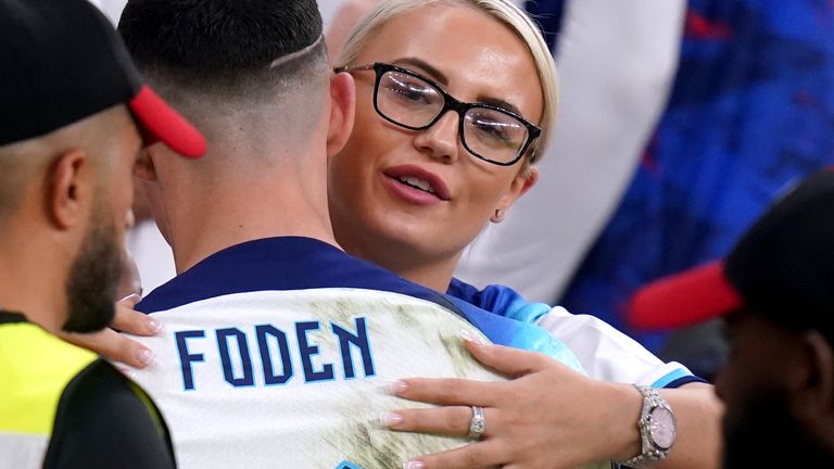 England&#39;s Phil Foden with his girlfriend Rebecca Cooke during the FIFA World Cup Group B match at the Ahmad Bin Ali Stadium, Al Rayyan, Qatar. Picture date: Tuesday November 29, 2022.