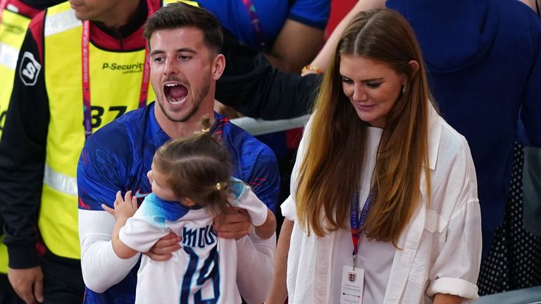 England&#39;s Mason Mount with his niece following during the FIFA World Cup Group B match at the Ahmad Bin Ali Stadium, Al Rayyan, Qatar. Picture date: Tuesday November 29, 2022.