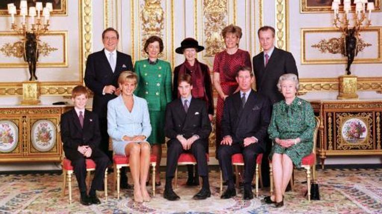 Lady Hussey is pictured top second right with members of the Royal Family in 1997