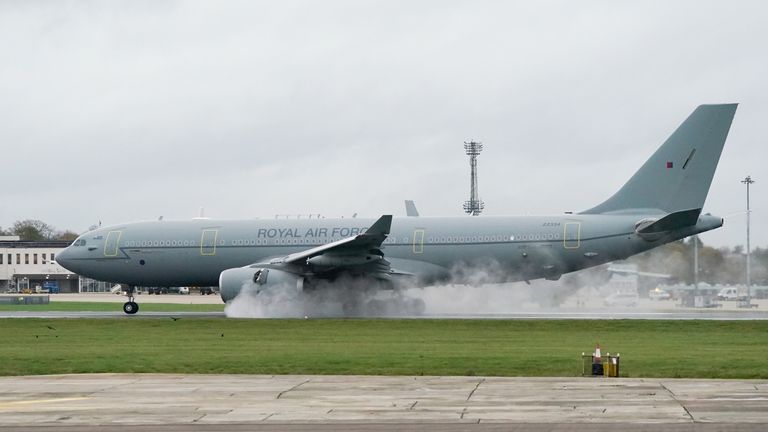 Embargoed until Friday 18th November 1800 An RAF Voyager landed after her maiden flight in the UK at RAF Brize Norton, Oxfordshire, using 100% sustainable aviation fuel for the first time in the world large aircraft. Image date: Wednesday 16 November 2022.
