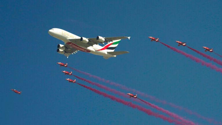 The Red Arrows flew over Dubai with an A380 superjumbo last week. Pic: AP
